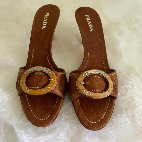 Prada Calzature Donna Wooden Buckle Slide Sandals - Size 40/US 9